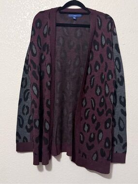 Apt. 9 Burgundy and Gray Leopard-Print Open Cardigan